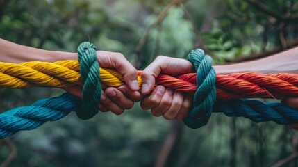 team rope diverse strength connect partnership together teamwork unity communicate support. strong d