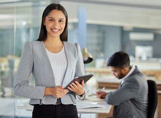 Poster - Tablet, smile and portrait of business woman in office for research on internet, coworking or career. Digital technology, face and happy professional consultant, entrepreneur and employee on app