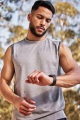 Sticker - Smart watch, time and man or runner outdoor for morning cardio, exercise and training for marathon or race. Male athlete, wristwatch or stopwatch to track progress for workout or wellness and health.