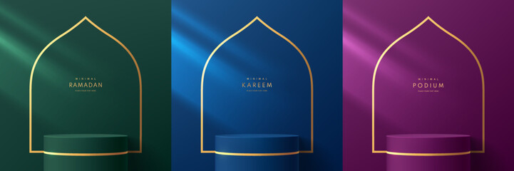 Wall Mural - Set of ramadan kareem 3D purple, blue, green cylinder podium background with golden stripes in mosque shape. Eid al adha Mubarak minimal scene mockup product stage showcase, Banner promotion display.