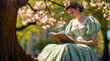 Serene Young Woman Reading a Book Under Cherry Blossoms in a Sunlit Park - Vintage Style Portrait