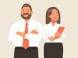 Happy business couple. Portrait of company employees. A man and a woman in business attire. Vector illustration