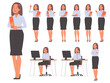 Set of female secretary character. Businesswoman in various actions and poses on a white background. Vector illustration