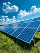 © auttawit - A solar panel array is shown in a field with a blue sky. The panels are arranged in a row and are facing the sun. Concept of sustainability and environmental consciousness, as solar energy is a clean