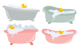 Fototapeta Pokój dzieciecy - Set of cute baby bathtub with foam bubbles and rubber duck. 