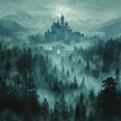 a castle in the middle of a forest with fog