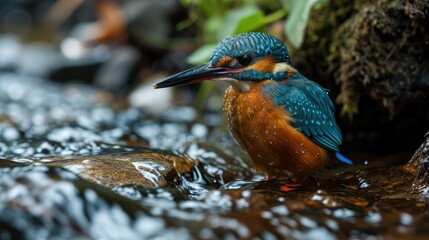 wonderful kingfisher on the dark water in splashes