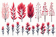 Willow and palm tree branches, fern twigs, lichen moss, mistletoe, savory grass herbs, dandelion flower vector illustrations set. Red pink blue branches, twigs floral collection isolated on white