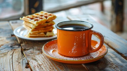 Poster - Coffee cup and waffles on table