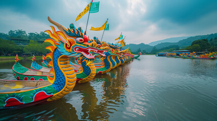 Wall Mural - Dragon Boat Festival with colorful traditional dragon boats, lined up on a calm river, Ai Generated Images