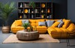 © peacehunter - Modern Living Room with Yellow Sofa and Decorative Shelving