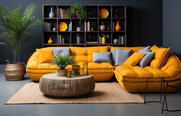 Modern Living Room with Yellow Sofa and Decorative Shelving