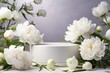 Podium adorned with white peonies flowers, Podium mockup