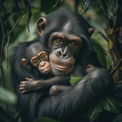 Poster - A chimpanzee is holding a baby in its arms. Generative AI.