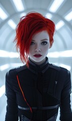 Poster - A woman with red hair and a black outfit. Generative AI.