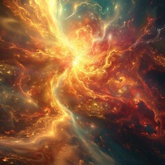 Wall Mural - A colorful explosion in space with a bright orange and yellow glow. Generative AI.