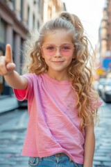 Sticker - A young girl in pink shirt and sunglasses pointing at something. Generative AI.