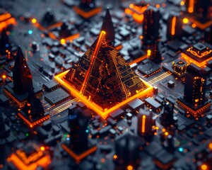 Wall Mural - An image of a futuristic city with glowing pyramids. AI.
