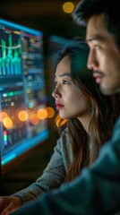 Sticker - A man and woman looking at a computer screen with graphs. AI.