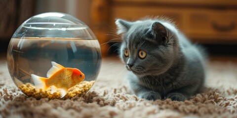 Sticker - A cat looking at a goldfish in an aquarium. AI.