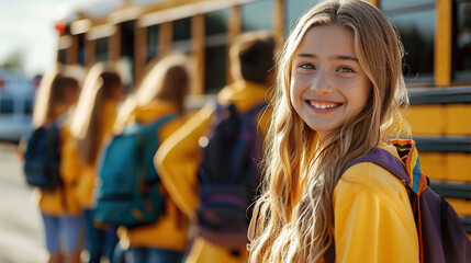 School Bus Pretty teenage girl Student After Getting Off Of Bus