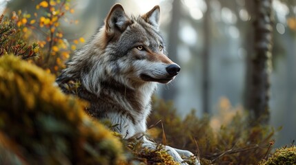 Wall Mural - Majestic Gray Wolf in Autumn Forest