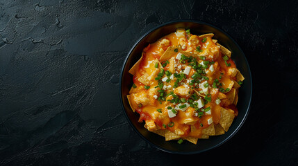 Wall Mural - A Top-Down View of a Delectable Serving of Nachos, Drenched in Gooey Cheese Sauce