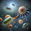 Digital illustration of influenza virus in colour background with orange, blue and red cells
