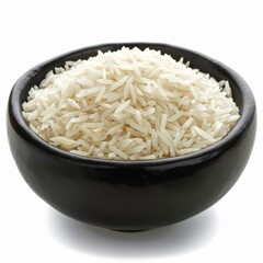 Wall Mural - Cooked basmati rice served in a sleek black bowl, isolated on a clean white background for culinary concepts