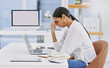 © peopleimages.com - Business, woman and headache by desk with burnout in office with laptop, overworked or brain fog. Professional, employee and migraine by workspace with exhausted, stress or mental health in workplace