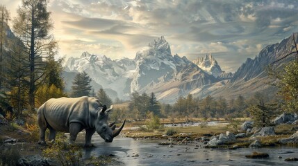 A rhino is standing in a grassy field next to a river