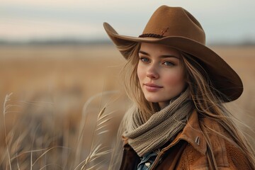 A beautiful cowboy girl in a hat and a knitted scarf.