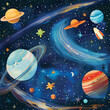 Illustrate a vast expanse of outer space filled with distant planets, swirling nebulas, and shimmering stars, where children can embark on an intergalactic journey of discovery and exploration
