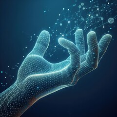 Abstract wireframe human hand reaching or giving something, blue background. Concept of technology and digital creation with polygon mesh