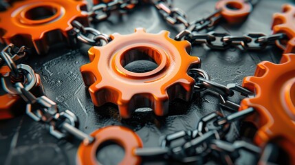 Wall Mural - Rendering of concept of orange gears with chain
