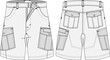 Cargo Shorts Flat Sketch Template Front Back Illustration	