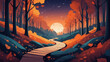 Vector illustration in flat simple style with copy space for text - night landscape with natural scene - autumn forest, winding path, and falling leaves.
