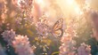 Photographs a serene moment in a sunlit garden where a butterfly flutters among soft pastelcolored flowers, its graceful movements enhancing the peaceful setting