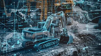 Wall Mural - Autonomous Machinery Reshaping the Future Cityscape:Futuristic Construction Site with Robotic Bulldozers and Excavators