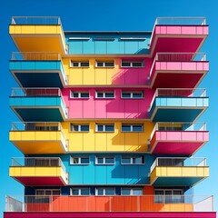 Wall Mural - AI generated illustration of a vibrant multi-story building with balconies under clear blue sky