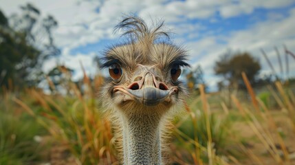 Wall Mural - Close up portrait of an ostrich grazing on a ranch