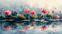 Sunlit Serenity: Watercolor Lakeside View With Reflective Surface And Fluttering Insects