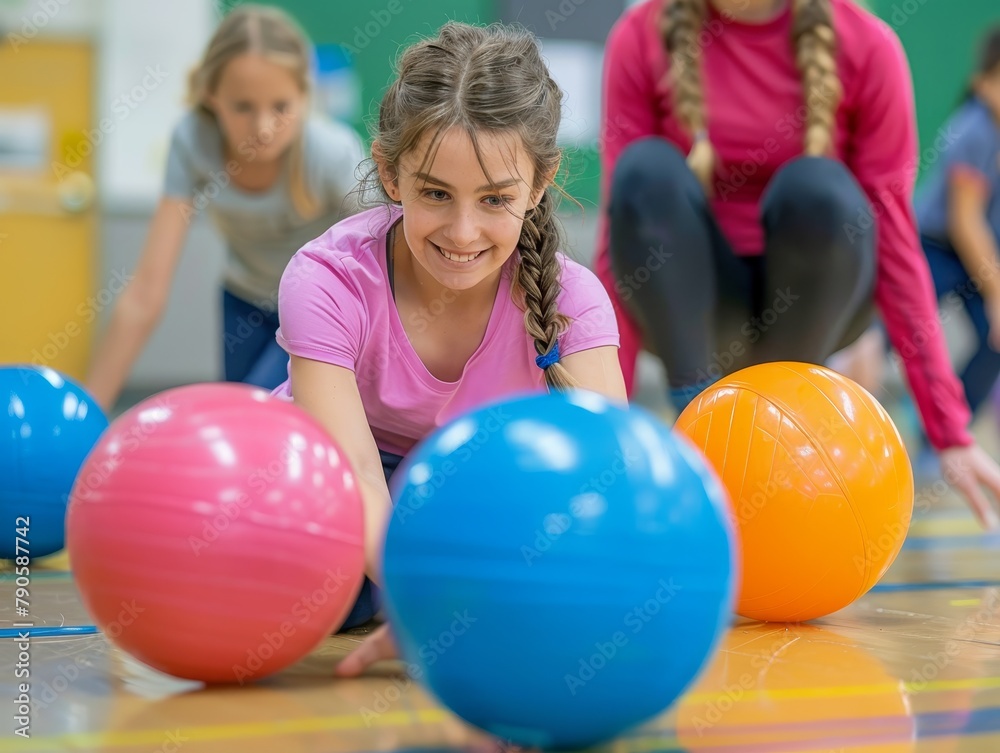 Physical education class in a school gym, kids playing dodgeball, teacher supervising, educational and fun