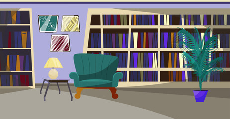 Wall Mural - Home library flat vector illustration. Library with shelves with many books, armchair, table with lamp and potted plant. Hobby, reading, education concept