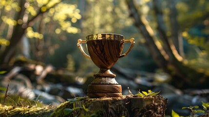 rustic wooden trophy in lush forest setting representing environmental consciousness and sustainable