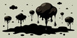 Floating blobs of a black, viscous substance are suspended in mid-air with drips falling towards a pooled mass on the ground. The style is cartoonish, with a limited color palette.AI generated.