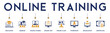 © Icon-Duck - Online training banner website icons vector illustration concept of with an icons of education, seminar, online course, online test, online class, workshop, graduation, certificate on white background