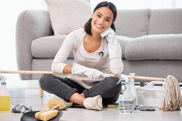 Wall Mural - Cleaning, portrait and woman in home relax for housework, housekeeping and domestic chores for daily routine. Girl, happy and detergent or supplies for house maintenance, living room and disinfecting