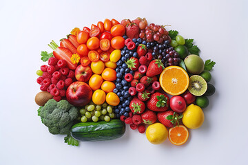 Wall Mural - fresh fruits and vegetables for a healthy food and vegetarian nutrition in shape of human brain. View top flat lay on white isolated background