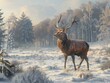 Artistic portrayal of a deer standing in a sparse winter forest, emphasizing the elegance of the deers form and the stark, minimal surroundings, bright colors, clean background, Realistic HD character